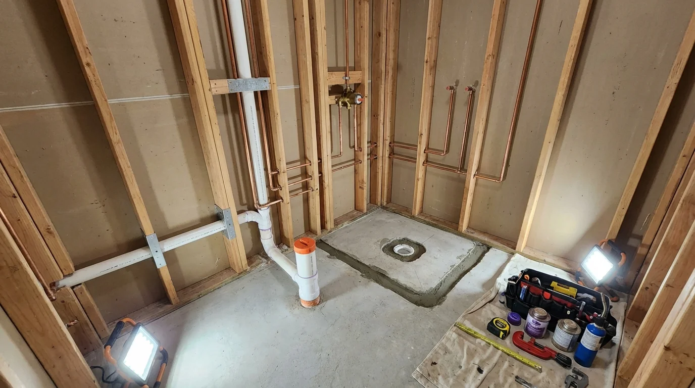 Bathroom rough-in plumbing during remodel by Johns Plumbing LLC in Alton