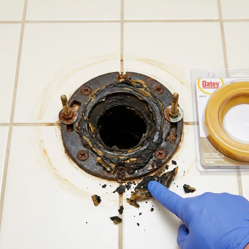 Failed wax ring showing water seepage at the base of a toilet in a Alton, IL home
